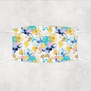 Womens Gold Sparkly Blue and Yellow Floral Face Mask